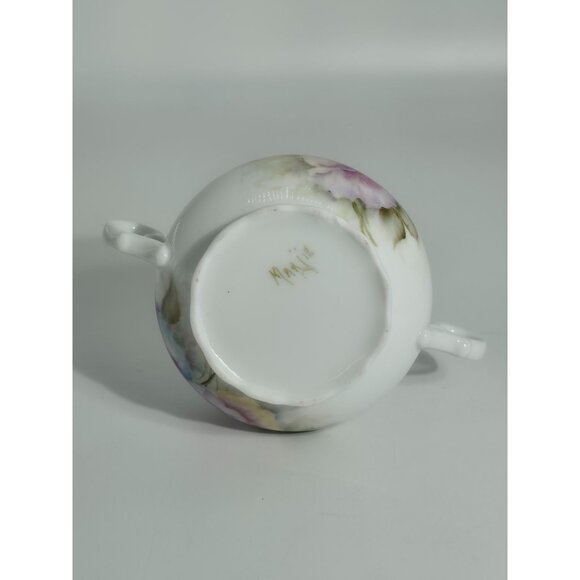 Antique Hand Painted Porcelain Sugar Bowl With Purple Lid & Floral Design - Picture 10 of 12